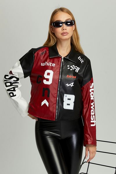Black Level Colorful Printed Oversize Women's Coat - Zippered Racer Jacket