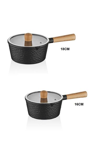 FALEZ 2-Piece Cast Iron Sauce Bowl Milk Bowl Pan Set - Black Line with Glass Lid and Spout