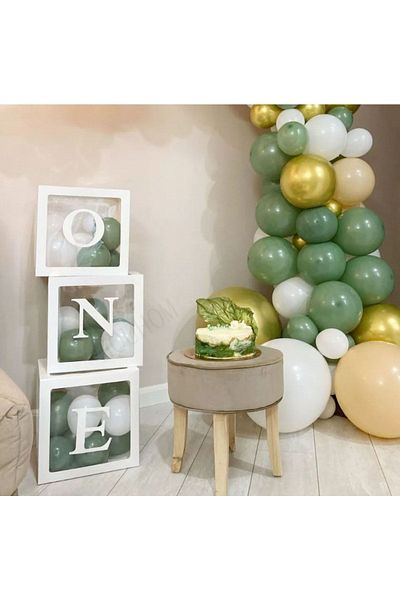 asöy 1 Year Old Birthday One Balloon Box Retro Eucalyptus Chrome Gold Pastel White Balloon Chain Set
