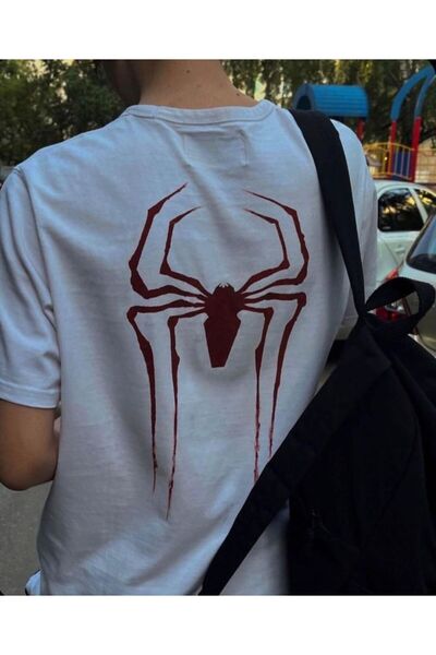 1blood Λευκό Oversize Unisex T-shirt - Spider Printed
