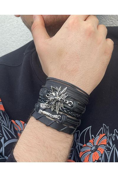 BSN Store Viking Thor Axe and Wolf Figured 5-Piece Genuine Leather Bracelet