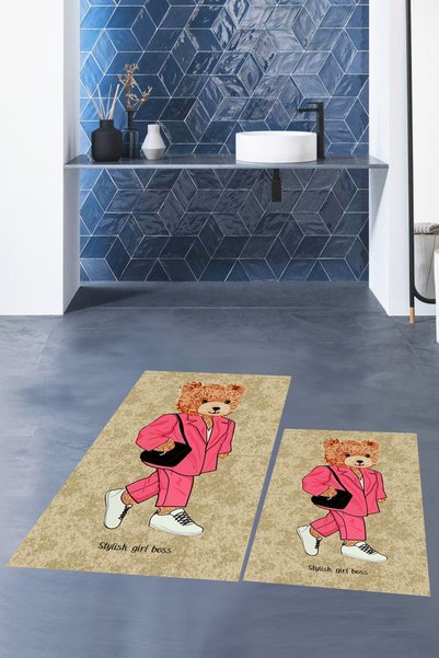 EY HOME Digital Printed Washable Non-Slip Teddy Bear Patterned Double Bathroom Rug Mat Toilet Set