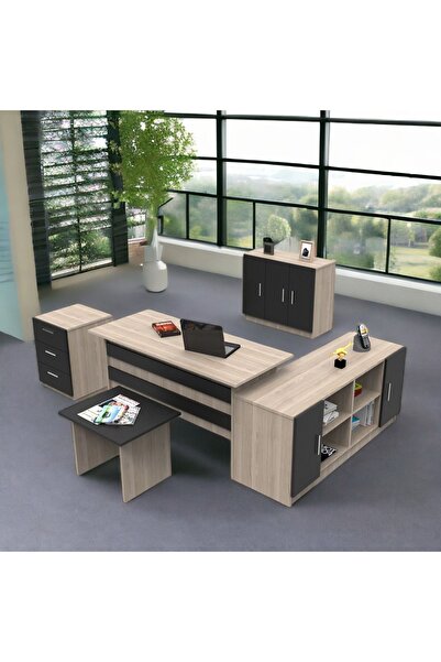 L'occi Concept Diego Abcef Ofis Büro 5'li Masa Takımı Meşe-siyah