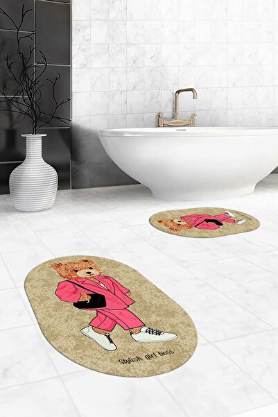 EY HOME Ψηφιακό πλενόμενο αντιολισθητικό σετ τουαλέτας με μοτίβο αρκουδάκι διπλό χαλάκι μπάνιου οβάλ σετ τουαλέτας