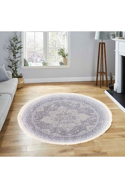 In House Velvet Turkish Round Decorative Carpet -Grey - 120x120 cm