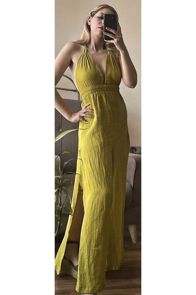 elegante moda Müslin Kumaş Yırtmaçlı Uzun Plaj Elbise