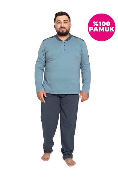 bie's Men's Blue Large Size Pajama Set with Pockets - 3 Buttons, Long Sleeve, 100% Cotton
