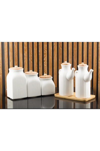 Karçiçeği Home 6 Parça Ahşap Standlı Porselen Papatya Yağdanlık 3'lu Çay Şeke...