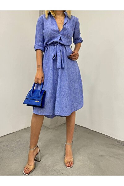 Fav Style Dámske ľanové midi košeľové šaty s dlhým rukávom a opaskom, modré