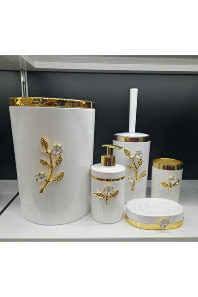 MEYLACO Banyo Seti 5'li Beyaz Yuvarlak Altın Yaprak Aksesuar Ve Mineli Beyaz Çiçek Aksesuarlı