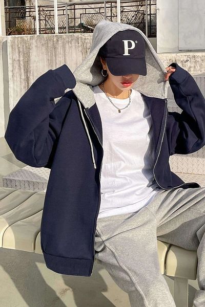 NİCE Unisex Oversize Hooded Cardigan - Navy Blue and Gray
