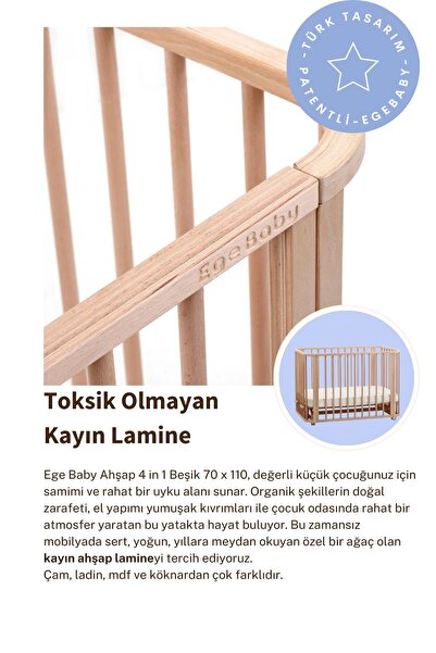 EGEBABY Siyah Ahşap 4in1 Beşik Takım 70 X 110 Anne Yanı, Karyola, Oyun Parkı, Montessori Junior Yatak-ab