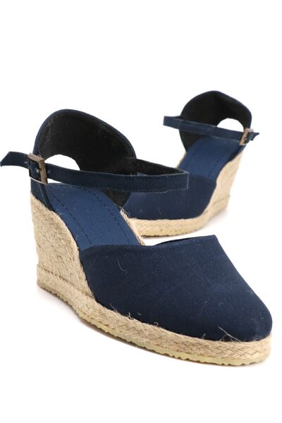 OZ AYAKKABI Gerçek Elişi Lacivert Kadın Dolgu Topuk Espadril Handmade