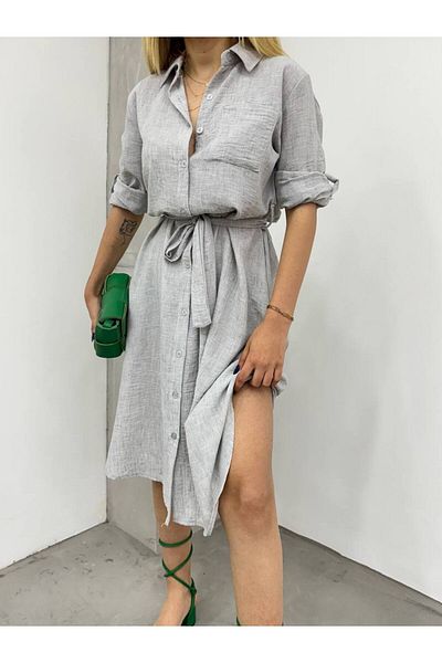 Fav Style Grey Linen Midi Shirt Dress - Long Sleeve and Belted