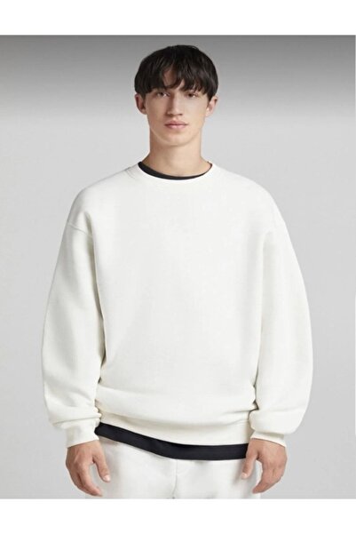 İmpavido  Oversize Sweatshirt Beyaz Düz Baskısız Kalın 3 Iplik Şardonlu