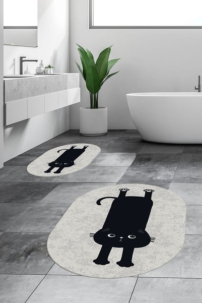 EY HOME Digital Printed Washable Non-Slip Cute Cat Double-Sided Bathroom Rug Mat Oval Toilet Set