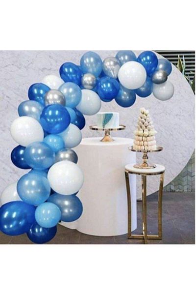 asöy Metallic Blue Balloon Chain Set Chrome Silver Metallic Dark Blue Pastel White Balloon