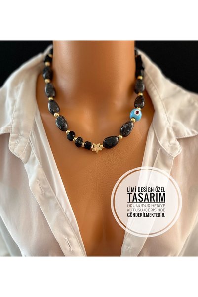 Limi Design Bodrum Necklace with Glass Beads and Charcoal grey Acrylic Beads, Handmade Murano Necklace