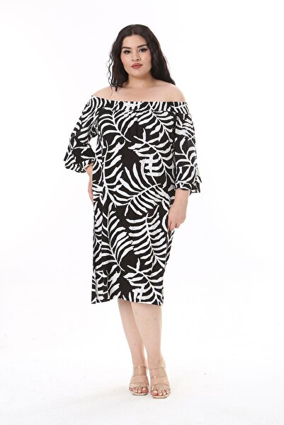 Şans Μαύρο Φόρεμα Viscose Plus Size - Ελαστική λαιμόκοψη και κοντό μανίκι 65n38173