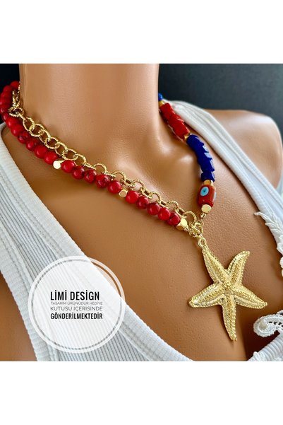 Limi Design Handmade Necklace with Glass Beads, Coral Stone, and Gold Starfish Accessories