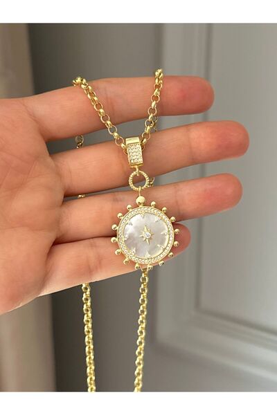 emy by emel luxury silver jewelry Altın Kaplama Sedef Madalyon Uçlu Doç Zinci...
