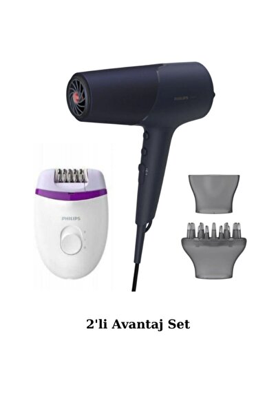 Philips Bhd510/10 2300w Saç Kurutma Makinesi - Bre225 32 Cımbızlı Yıkanabilir Başlıklı Epilatör 2'li Set