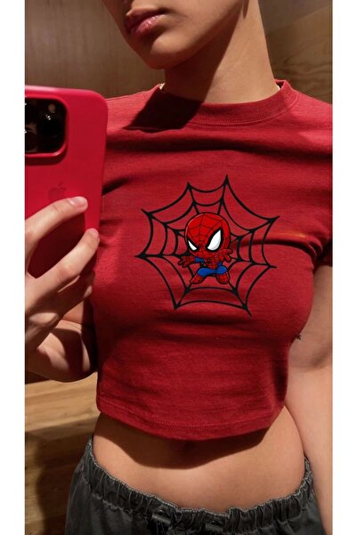 weywot Kırmızı Karikatür Örümcek Adam Spiderman Model Kadın Crop Body Tişört
