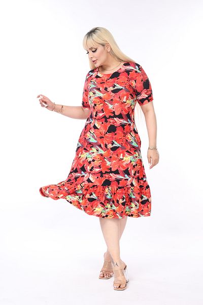 MJORA Plus Size Red Patterned Ruffle Skirted Dress with Pockets