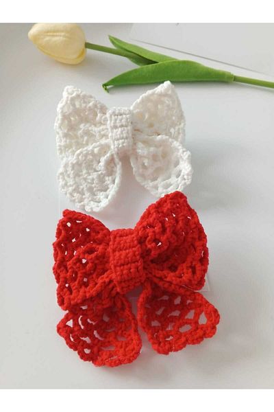 Kadın Girişimciler Atölyesi Red-White Bow 2-Piece Handmade Clip Buckle