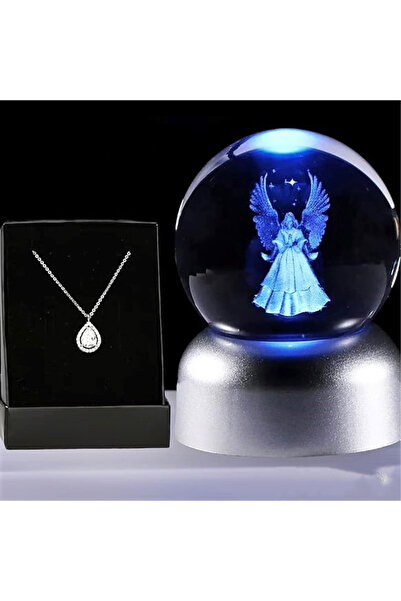 keyfim shop Led Işıklı Cam Melek Küre Ve Lotus Damla Kolye Hediyeli