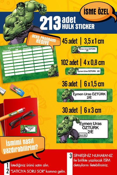 SelisCraft Okul Etiketi HULK Temalı Özel İsim Yazılabilen Kalem, Defter, Boya...
