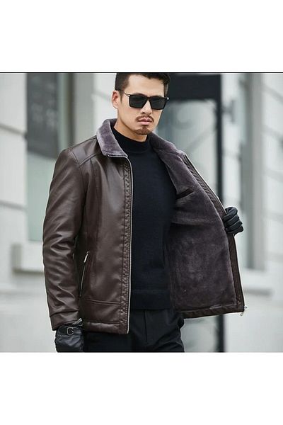 NYC GİYİM TEKSTİL Men's Coat - Genuine Sheepskin and Fur Collar