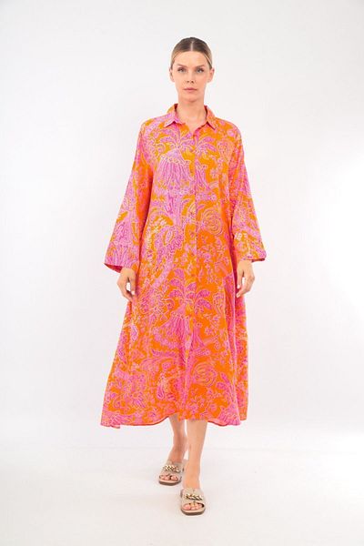 soBasic Rochie cămașă din bumbac cu imprimeu viscoză - 100% bumbac cu nasturi în față și cu fantă - portocaliu