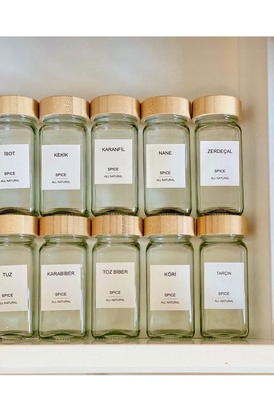 Kitchen Pembelia 12-Piece Glass Spice Rack Set with Bamboo Spray Head - Labeled