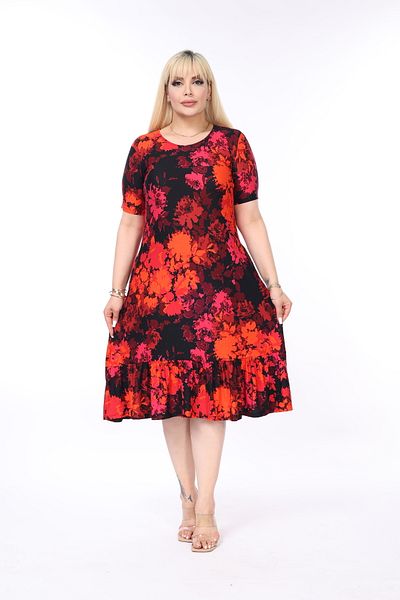 MJORA Plus Size Poppy Print Frilly Skirt and Pocket Dress