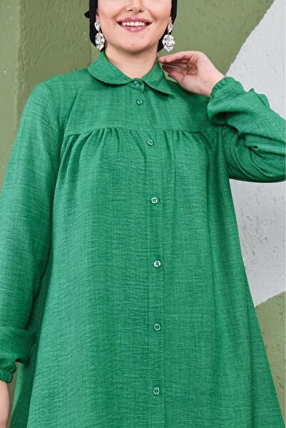 Giyim Gezegeni Women's Imported Linen Tunic Shirt with Gathered Front and Elastic Sleeves