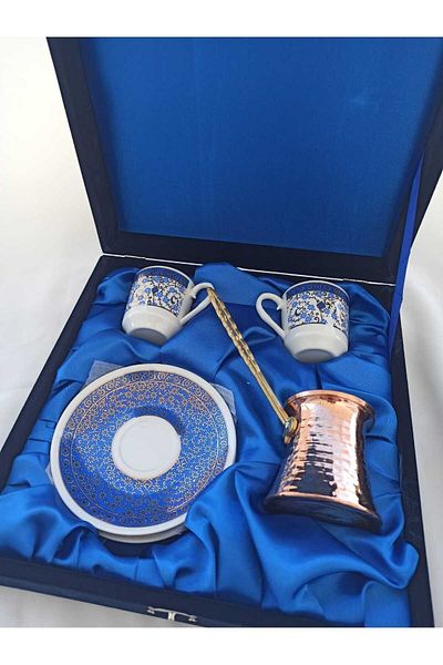 Nihal Süeda Gilded Double Porcelain Cup Set with Velvet Box and Copper Coffee Pot