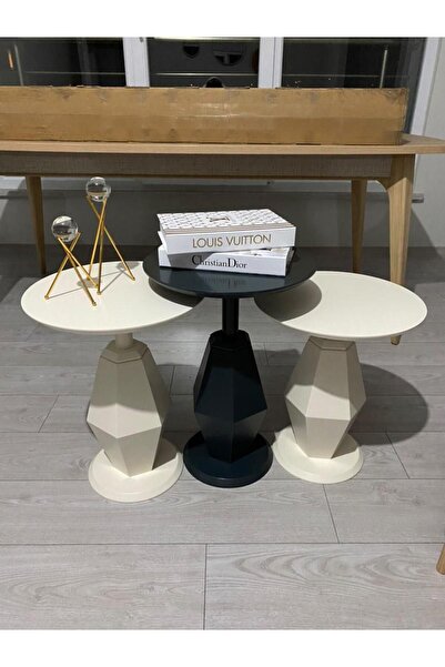 Gold Design PRİZMA krem-siyah KOMBİNİ üçlü yan sehpa zigon