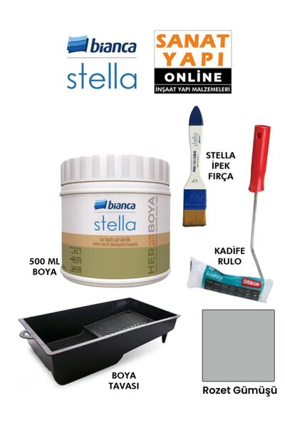Bianca Stella Boya 4 Parçalı Set ( 500 Ml Boya - Boya Tavası- Stella İpek Fırça - Kadife Rulo )