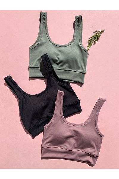 LEYNA BUTİK Bluză de damă din 3 bucăți, din material textil cu snur, cu bretele groase, cu tampoane detașabile-Jumătate maiu (negru-verde-prune)