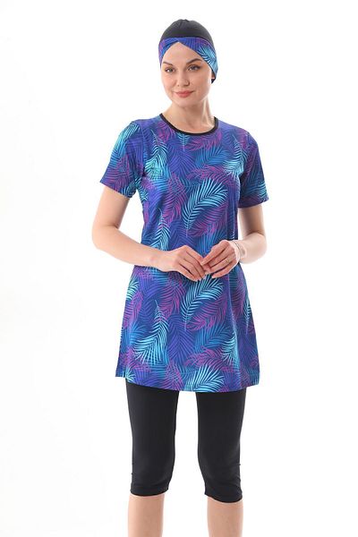 medipek Blau gemusterter halbgeschlossener Lycra-Hijab-Badeanzug