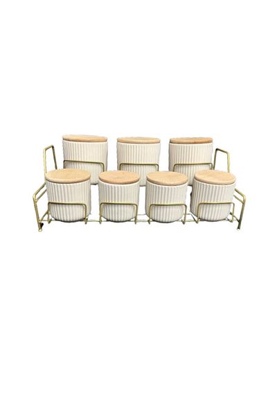 Edora Home 7 Compartment White Porcelain Spice Set - Kitchen Organizer with Bamboo Lid, Metal Rust with Gold Stand
