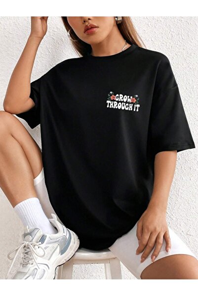 LAND MODA Tricou oversize pentru femei din bumbac 100% - Imprimat cu mai mult...