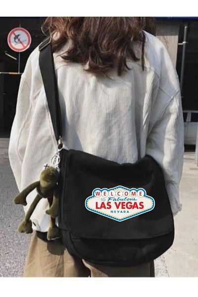 weywot Geantă Messenger unisex neagră, imprimată Las Vegas, cu curea