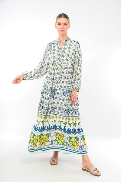 soBasic Rochie lejeră din viscoză din bumbac, cu mânecă lungă, cu guler albastru