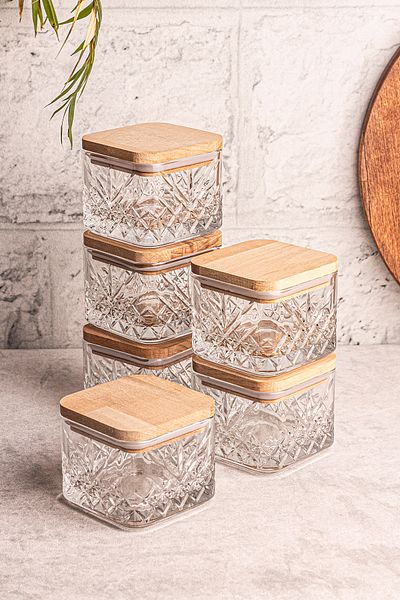 Snippy Milla Soft 6-Piece Wooden Vacuum Glass Snack Bowl - Square Lid, Breakfast, Multi-Purpose, 230 ml