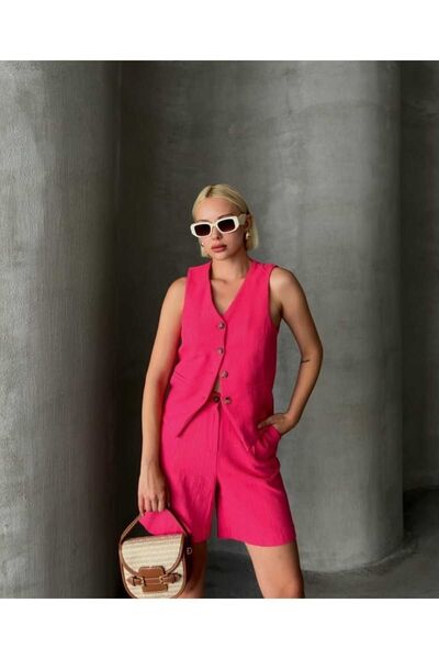 olalapasha Sezon nou - Set vestă și pantaloni scurți din in roz