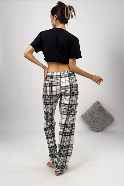 Betimoda Kadın Pijama Altı Kurdeleli Beyaz Siyah Kare