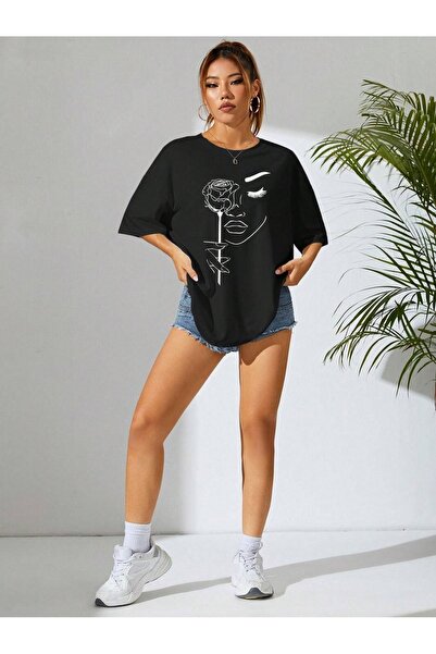 LAND MODA Γυναικείο μπλουζάκι Oversized Cotton - Rose Printed, 30/1 Fabric