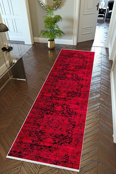 10 Post Online Yolluk Klasik Kırmızı Bordo Kaymaz Kesme Yıkanabilir Ince Dijital Baskı Koridor Halısı